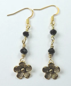 Handmade Dangle Black Chain Crystal Earrings with Flowers Wedding Bridesmaid - Picture 1 of 1