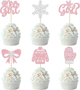 24Pcs Snowflake It's a Girl Cupcake Toppers Pink Glitter Baby Shower New Baby - Picture 1 of 5
