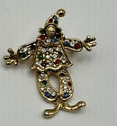 Vintage Clown Multi Color Rhinestone Articulated Brooch Moveable Pin Gold Tone