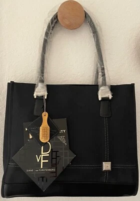 New Diane Von Furstenberg Large Black Shoulder Tote Purse Cancas Suede & Leather - Image 1 of 4