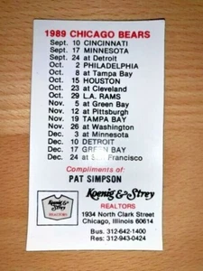 1989 CHICAGO BEARS FOOTBALL SCHEDULE MAGNET SKED KOENIG & STREY - PAT SIMPSON - Imagen 1 de 1
