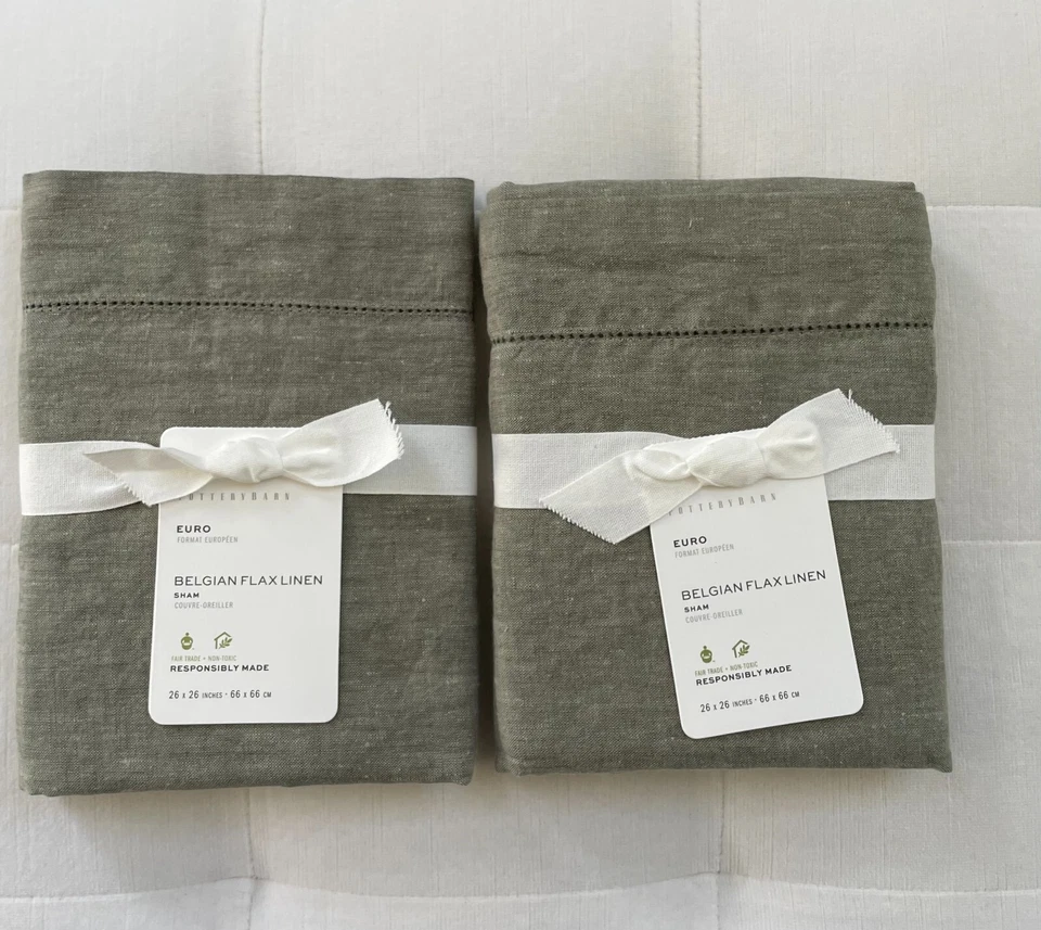 Pottery Barn БЕЛЬГИЙСКОЕ ЛЬНЯНОЕ БЕЛЬЕ Евро Накидки ~ Набор из Двух ~ Лоден Новый с Ярлыками - Изображение 1 из 1