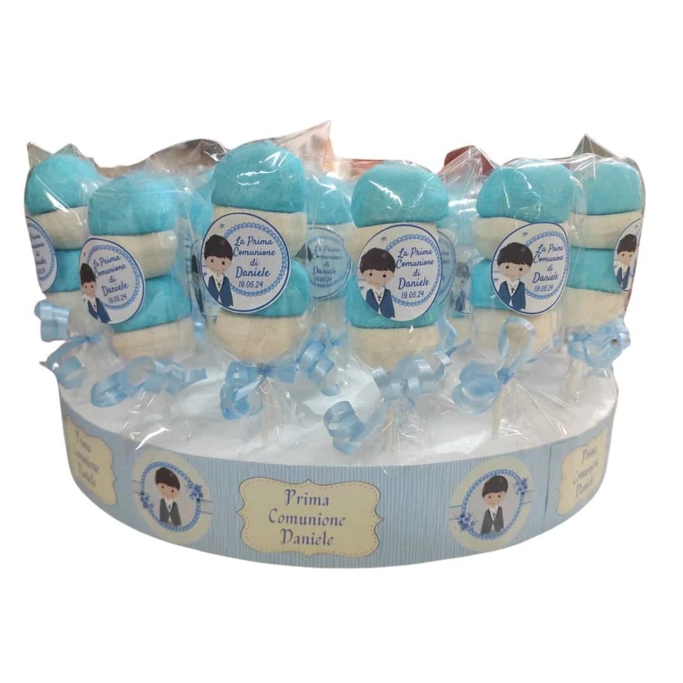 Comunione 40 spiedini marshmallow su base personalizzata a tema - Immagine 1 di 2
