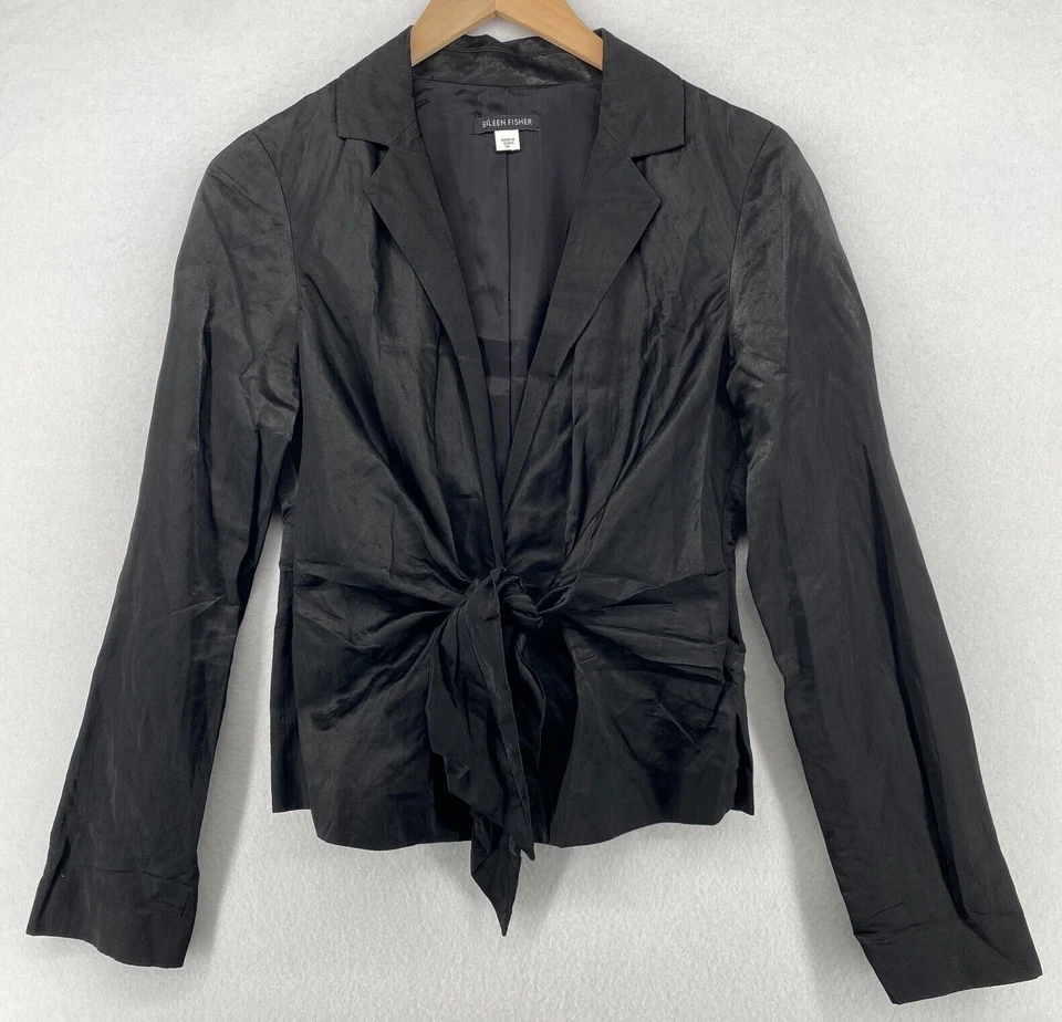 Blazer EILEEN FISHER XS Acero Satinado Mezcla Algodón Corbata Frontal Chaqueta Negro Foto 1 de 4