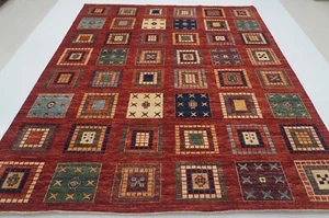 8 x 10 ft Red Modern Box Checkered Gabbeh Afghan Hand Knotted Abstract Area Rug - Picture 1 of 18