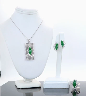 GIA 14K White Gold Natural Green Marquis Imperial Jade Jadeite Diamond Set - Image 1 of 4