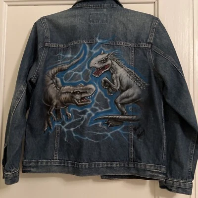 Children’s Place Jean Jacket Youth Large 10/12 With Custom Airbrushed Dinosaur - Image 1 of 4
