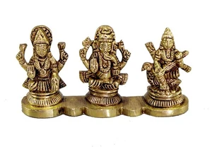 Ottone Laxmi Ganesh Saraswati Idols | Ganesha Lakshmi Scultura Murti Idolo 2 Pollici - Foto 1 di 6