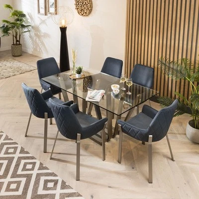 Modern Glass Pedestal Table & Petrol Blue Carver Chairs - 6 Seater Dining Set - Image 1 of 4