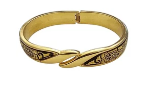Gold Tone Vintage Hinged By Pass Damascene Cuff Bracelet - Picture 1 of 7