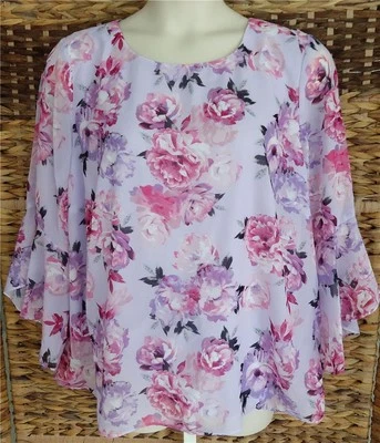 KASPER LAVENDER MIST 玫瑰花卉印花 3/4 FLARED SLEEVE TOP BLOUSE 3X 全新带标签 79 美元 — 第 1/4 张图片