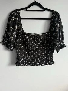 Boden Black And Cream Floral Print Square Neck Smocked Jersey Top Size 12 - Picture 1 of 11