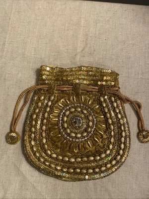 Gypsy Beaded Cinch Sack Purse Hand Beaded Rhinestones And Sequins 7” - Image 1 of 4