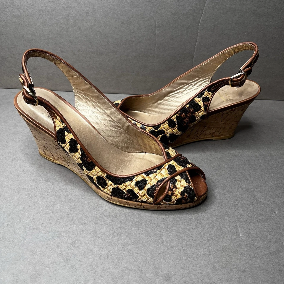 STUART WEITZMAN Leopard Wedges Women Sz 8.5N Sling Back Tan Black Peep Toe Heels - Image 1 of 4