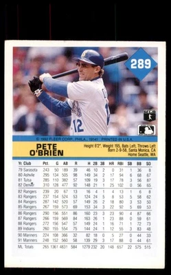 1992 Fleer #289b Pete O'Brien Seattle Mariners Baseball - Image 1 of 2