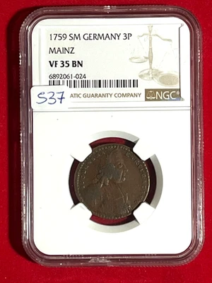S37 German States Mainz 3 Pfennig-Dreier 1759 SM   Johan Friedrich Karl NGC VF35 - Image 1 of 4