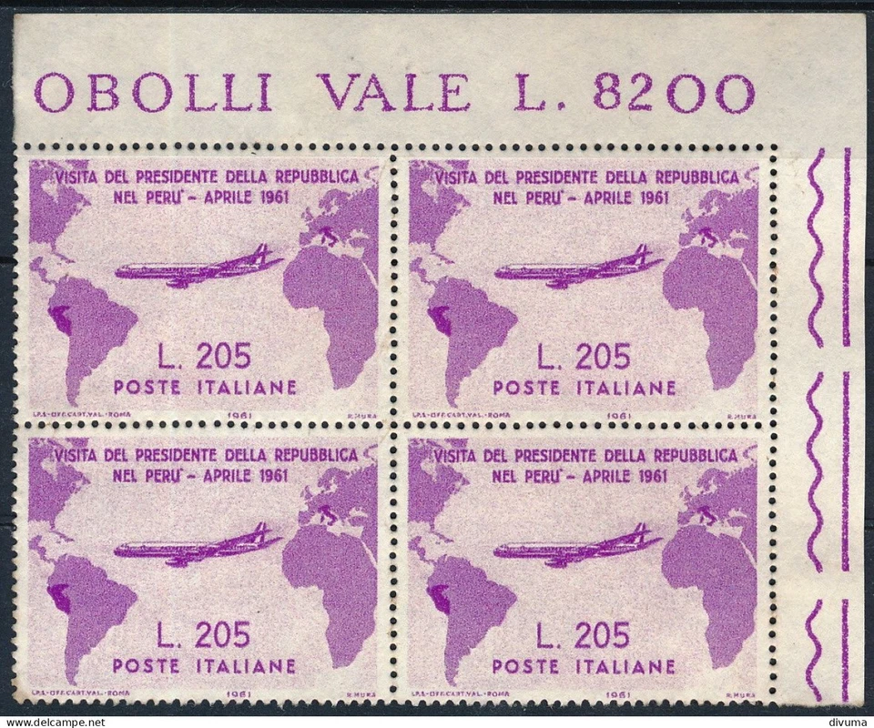ITALY 1961, Gronchi pink VARIETY in FALSE - FAUX NO GUM BLOCK x 4 STAMPS. #A926 - Image 1 of 2