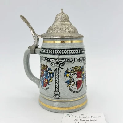 Boccale da birra in ceramica tedesco vintage con coperchio in peltro Munchen per - Immagine 1 di 4
