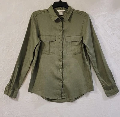 Blusa para mujer talla 4 de H&M 100 % lino verde militar con botones manga larga cuello Foto 1 de 4