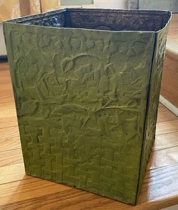 Vtg Embossed Metal Garbage Can Olive Green Tin Floral One Of A Kind Handmade - Picture 1 of 17