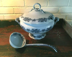 ANTIQUE SOUP TUREEN & LADLE BROWN-WESTHEAD MOORE & CO. 1862 RIBBON HANDLES - Picture 1 of 12