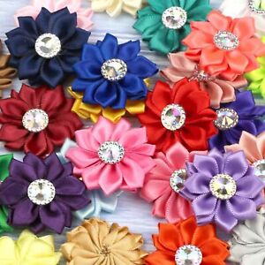 30-100PCS Satin Ribbon Flower w/Crystal Bead Appliques DIY Craft Supplies Trim 