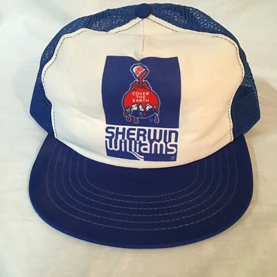 复古谢尔曼·威廉姆斯油漆平沿帽蓝色白色网格卡车司机美国制造 FS! — 第 1/4 张图片