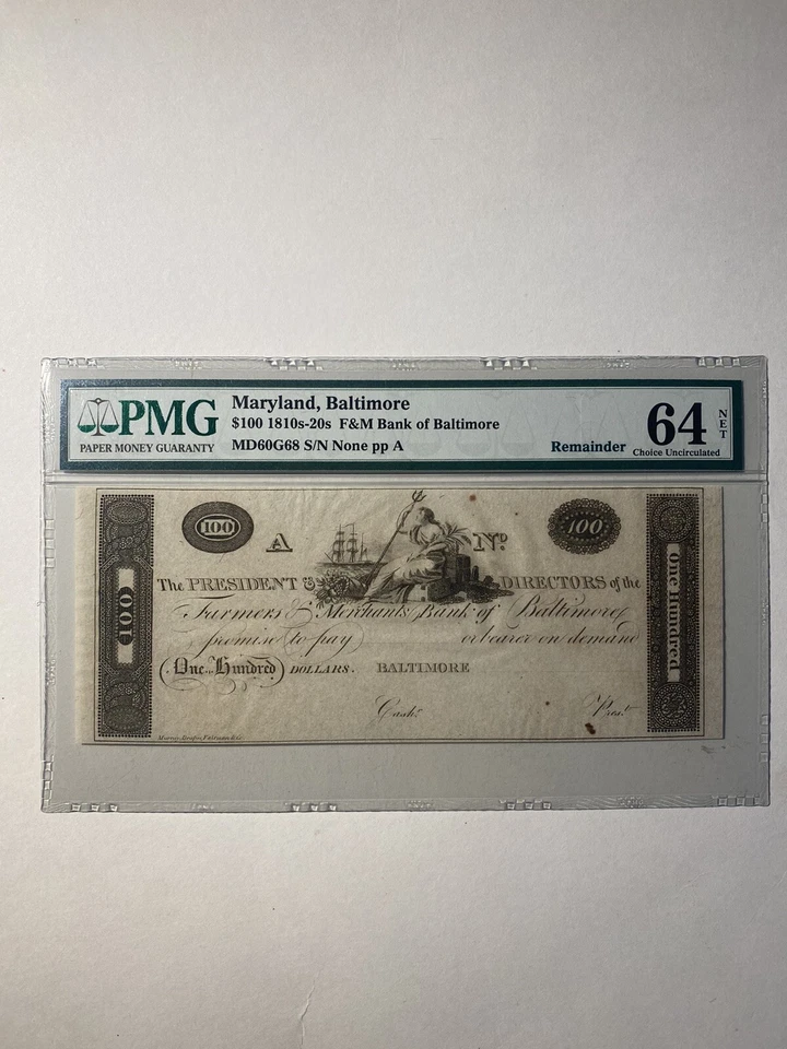 F & M Bank Of Baltimore Maryland $100 1810s-20s Remainder Choice Uncirculated - Image 1 of 2