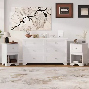 3 Pieces Elegant Retro Bedroom Set, 6 Drawer Dresser and Two Nightstands, White - Picture 1 of 14