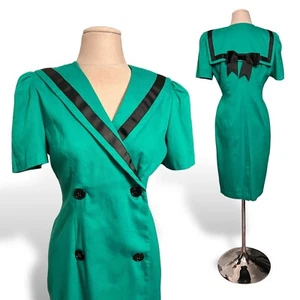 Green Sailor Dress with Big, Black Bow & Ribbon Bordered Bib 80s David Mitchell - Picture 1 of 5