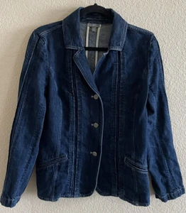 J. Jill Womens Denim Blazer Size 10 Blue Linen Blend Three Button Jacket - Picture 1 of 9