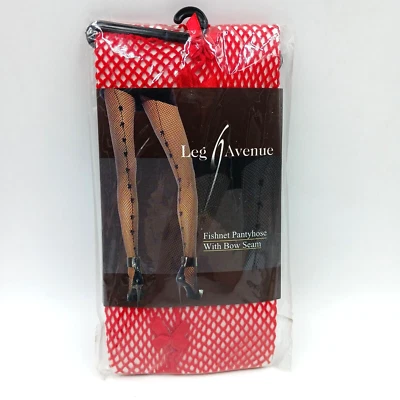 Leg Avenue Pantyhose Women's One Size Fishnet Bow seam 100% Nylon Hosiery Red - Image 1 of 4