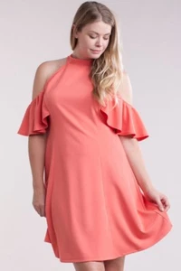 PLUS OPEN COLD SHOULDER CUT RUFFLE SLEEVES PARTY MINI CORAL DRESS NEW 1X 2X 3X - Picture 1 of 7