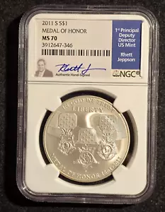2011 S Medal of Honor Commemorative Silver Dollar MS70 NGC Jeppson Signed Label - Picture 1 of 4