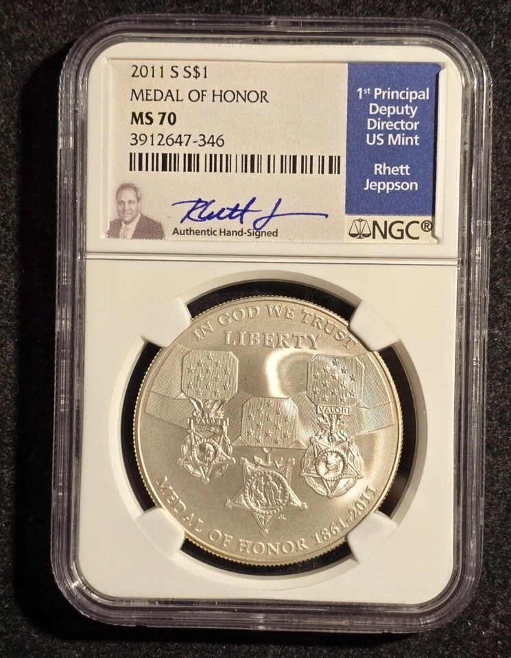 2011 S Medal of Honor Commemorative Silver Dollar MS70 NGC Jeppson Signed Label - Image 1 of 4