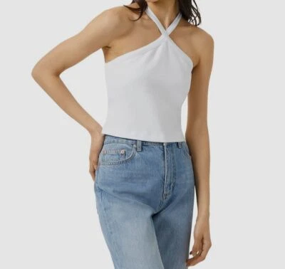 $88 French Connection Women's White Crossed Strap Halter Neck Blouse Top Size L - Image 1 of 2
