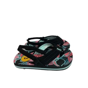 Size 3 (3/4) Kids Reef Little Ahi Sandals Flip Flops Back Strap Black Pink - Picture 1 of 9