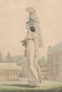 1851 Impero Francese Moda Stampa di Donna in Elaborato Cappello e Abito Stile Greco - Foto 1 di 2