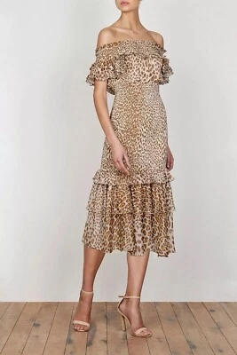 Shona Joy Leopard Cheetah Print Ruched Waist Dress Fitted Midi  Womens 14 - New - image 1 of 4