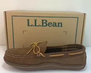 LL Bean Moccasin Loafers Men’s 11 Brown Leather Hand Sewn Slippers Flannel Lined - Picture 1 of 8