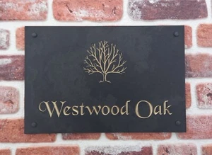 Engraved Slate House Sign with Tree Motif Personalised - Picture 1 of 4