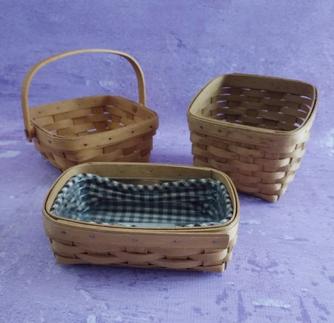 Longaberger Mini Baskets Signed Handmade 1998 2003 2004 Blue Check Fabric LOT 3 Cover