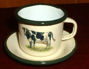 ANTIQUE 1920s FRENCH ENAMELWARE MINIATURE CUP & SAUCER COW - Picture 1 of 3