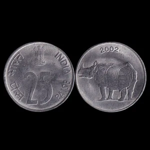 India 25 Paise, rhinoceros, Random year, KM#54, UNC - Picture 1 of 1