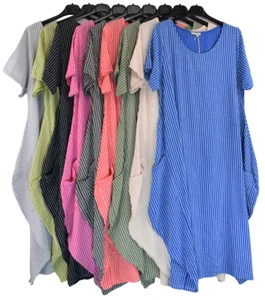 Ladies Italian Lagenlook Stripe Cotton Lightweight Summer Baggy Long Dress. - Picture 1 of 29
