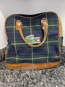 Vintage Lacoste Karo Canvas Beuteltasche Tasche Grün Blau Braun Besatz Retro Preppy - Bild 1 von 15