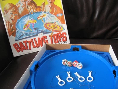 Battling Tops Board Game Ideal 1968 Complete 4 Tops 4 Pullers 4 Pegs - Image 1 of 4