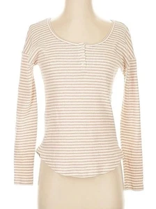 Haven Well Within Damen gestreiftes geripptes Henley Langarmshirt hellbraun cremefarben Large - Bild 1 von 8