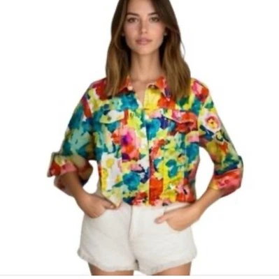 Ruby Rd Watercolor Floral Linen Button Front Jacket Multicolor Abstract Size Xl - Image 1 of 4