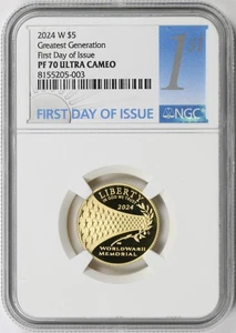 2024-W Greatest Generation $5 Gold Commemorative NGC PF70UCAM WWII Memorial FDOI - Picture 1 of 4